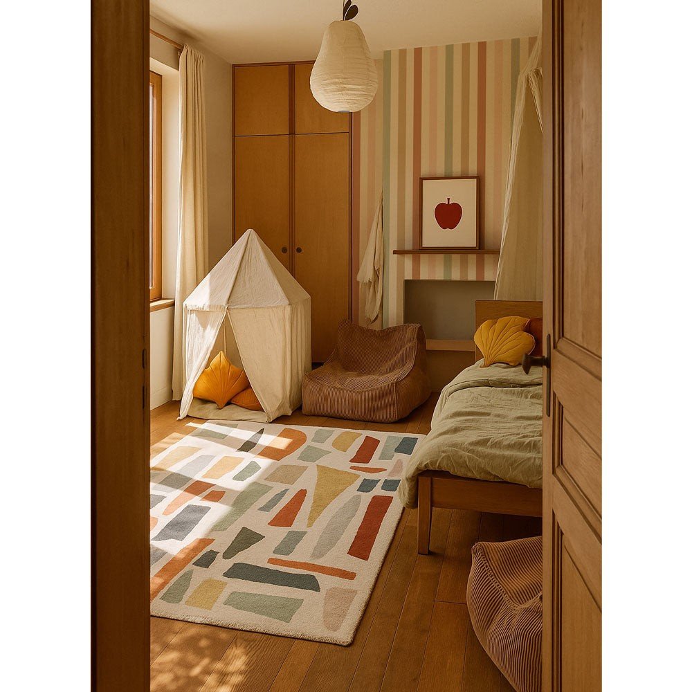 3. Bedroom with warm striped wallpaper in beige, blue, and orange, featuring a small tent, bean bag chairs, and a colorful geometric rug