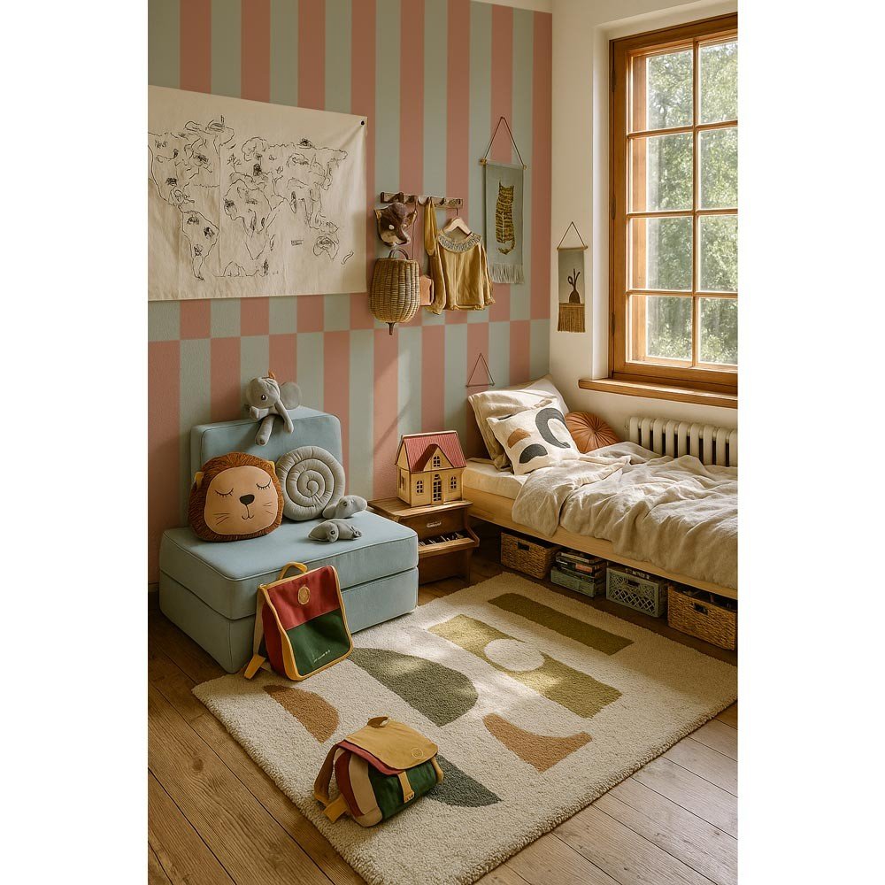 1. Children's room with Dekornik stripes wallpaper in muted green and cappuccino, featuring a cozy bed, toys, and a large window with natural light
