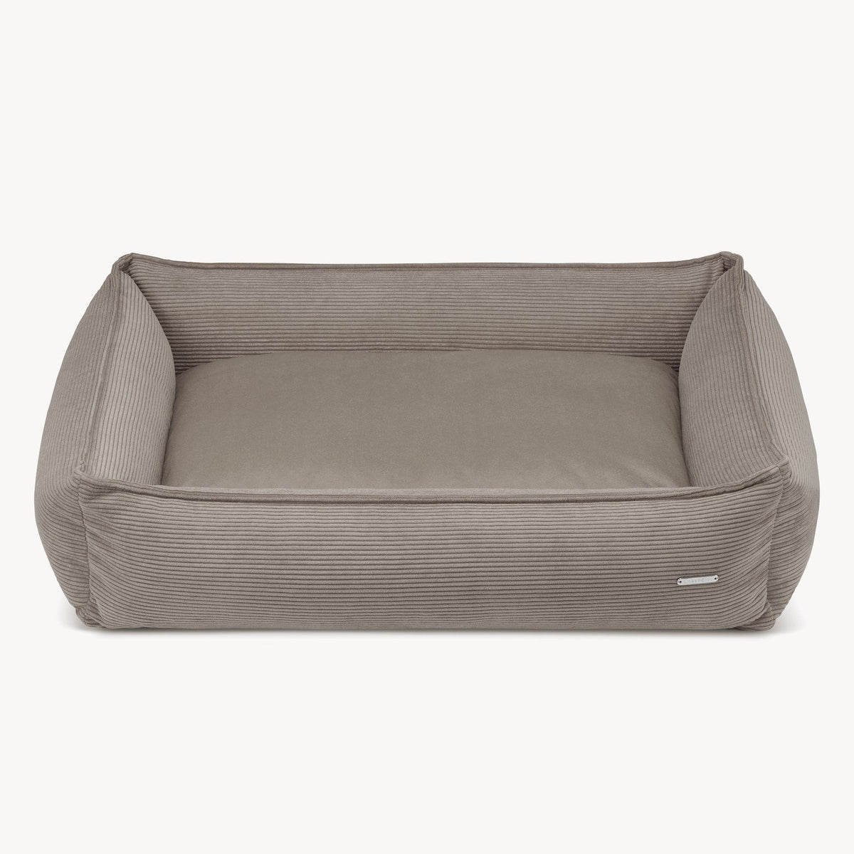 2. Studio shot of Labbvenn Strippo dog bed in Mokka color, featuring corduroy fabric and suede-like cushion, shown on a clean white background