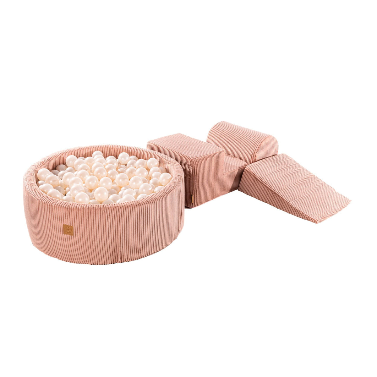 1. MeowBaby pink and white pearl playset with ball pit and foam blocks on white background