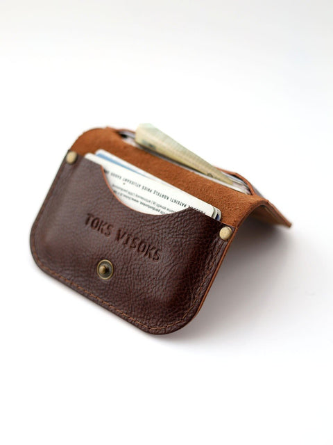 3. Side view of open TOKS VISOKS SUNDAY wallet in marble brown leather with cards inside