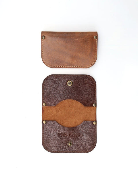 5. Flat lay of open and closed sections of TOKS VISOKS SUNDAY wallet in marble brown leather on white background