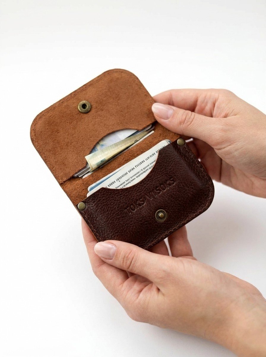2. Hands holding open TOKS VISOKS SUNDAY wallet in marble brown leather with cards visible