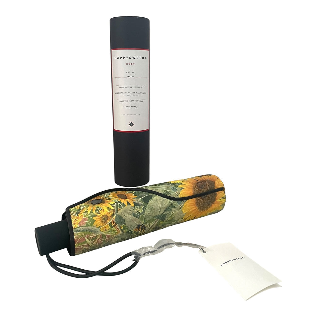 4. Compact sunflower umbrella in protective case with sunflower print and HAPPYSWEEDS branding