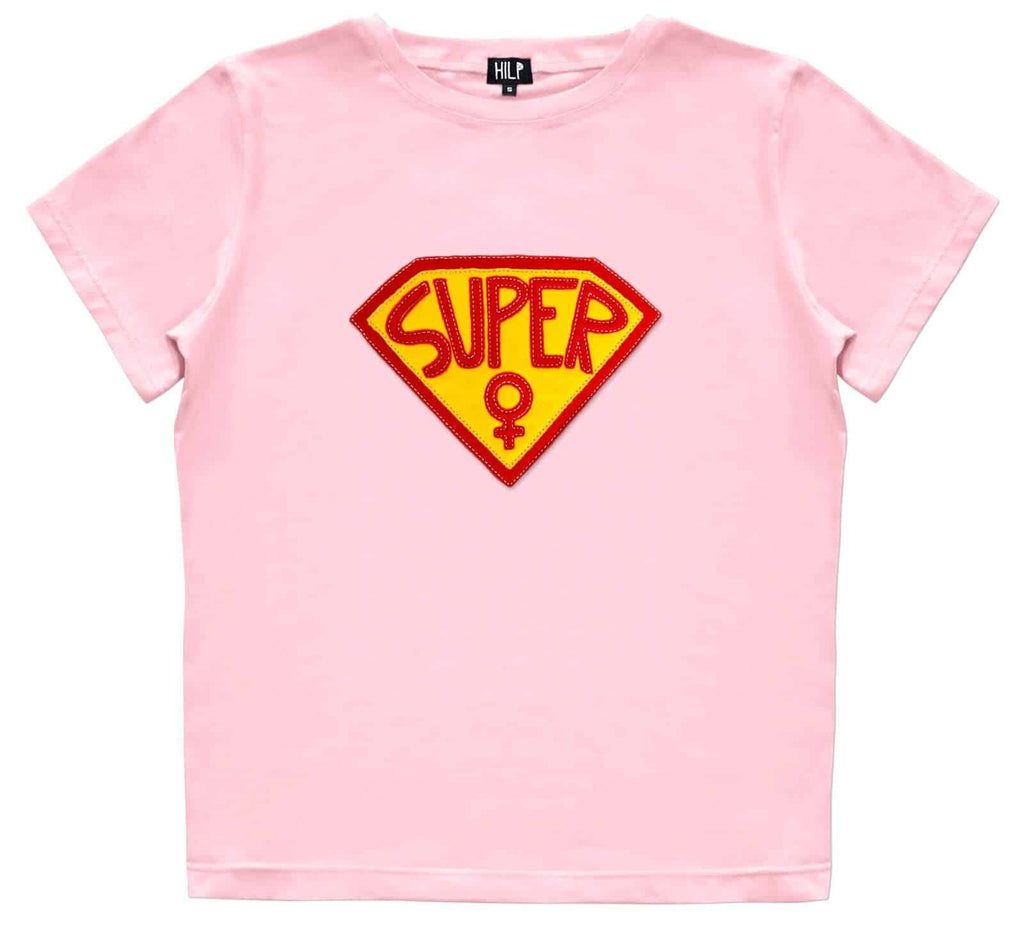2. Women's pink Superwoman T-Shirt by HILP featuring red and yellow emblem, studio shot