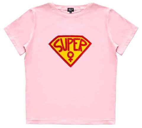 2. Women's pink Superwoman T-Shirt by HILP featuring red and yellow emblem, studio shot