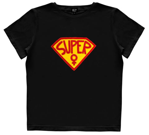 1. Women's black Superwoman T-Shirt by HILP with red and yellow emblem, studio shot
