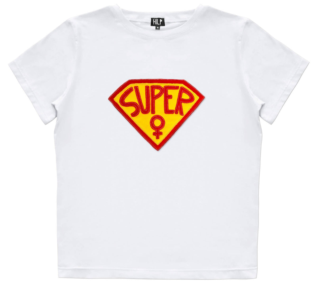 4. Women's white Superwoman T-Shirt by HILP with red and yellow emblem, studio shot