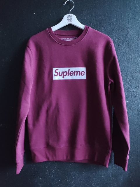 1. Heavy Mental Supleme Sweatshirt in bordeaux, classic pullover design, shown on hanger in studio setting