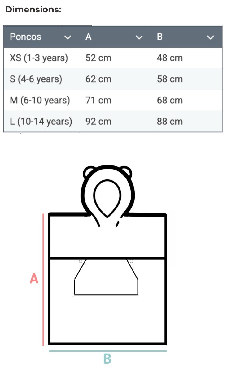 5. Size chart for kids' bath poncho showing dimensions for sizes XS to L in centimeters