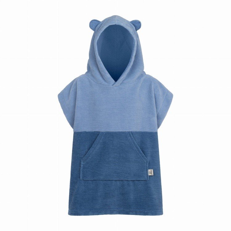 2. Blue kids bath poncho with hood and ears, featuring a large kangaroo pocket, made of bamboo-cotton terry cloth, shown on a white background