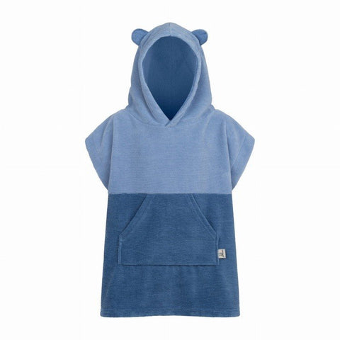 2. Blue kids bath poncho with hood and ears, featuring a large kangaroo pocket, made of bamboo-cotton terry cloth, shown on a white background