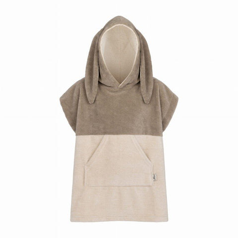 2. Patulove Surfbunny kids bath poncho in latte color with hood and kangaroo pocket, shown on white background