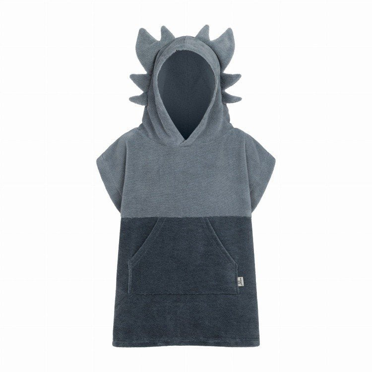 2. Grey Surfdragon kids bath poncho with hood and ears, shown on a white background highlighting kangaroo pocket