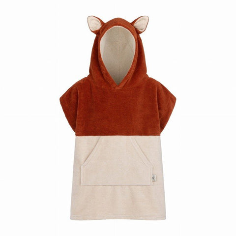 2. Studio shot of orange Patulove Surffoxy kids bath poncho with hood, ears, and kangaroo pocket on white background