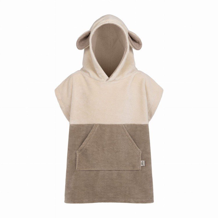 2. Beige Surfsheep kids bath poncho with hood and ears shown on white background highlighting kangaroo pocket