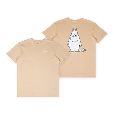 4. Flat lay of unisex beige Moomin t-shirt showing front and back design with Sniff character