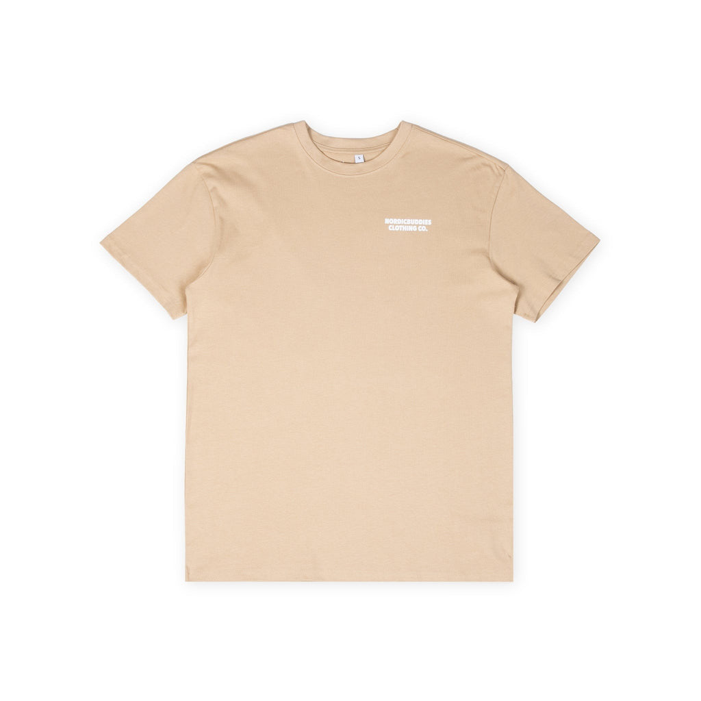 5. Studio shot of beige Moomin t-shirt highlighting front design and NordicBuddies logo