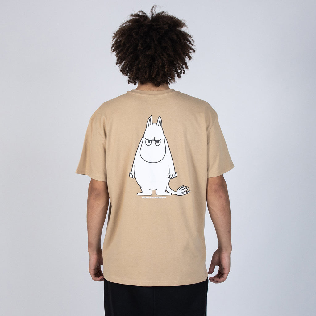 2. Men's beige Moomin t-shirt shown from the back, highlighting oversized fit and Sniff character design
