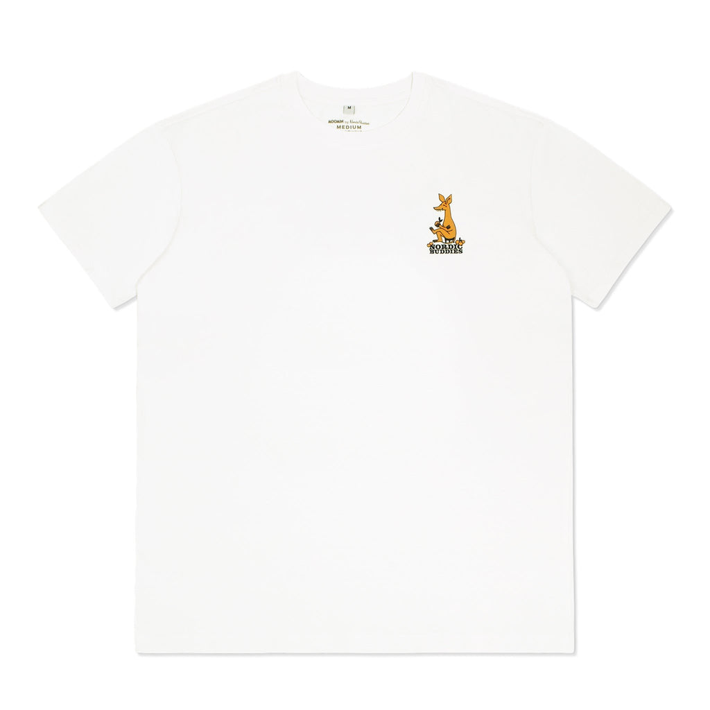 3. Studio shot of unisex white Moomin by NordicBuddies t-shirt with small front logo