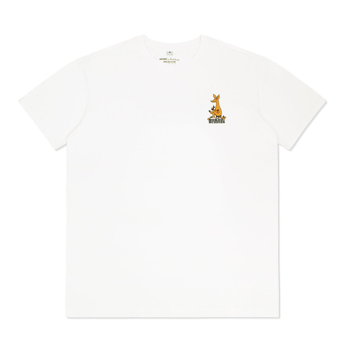 3. Studio shot of unisex white Moomin by NordicBuddies t-shirt with small front logo