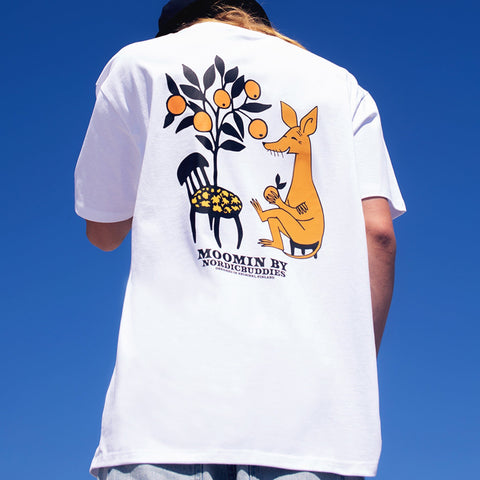 1. Unisex white Moomin by NordicBuddies t-shirt with playful back print, worn by model outdoors