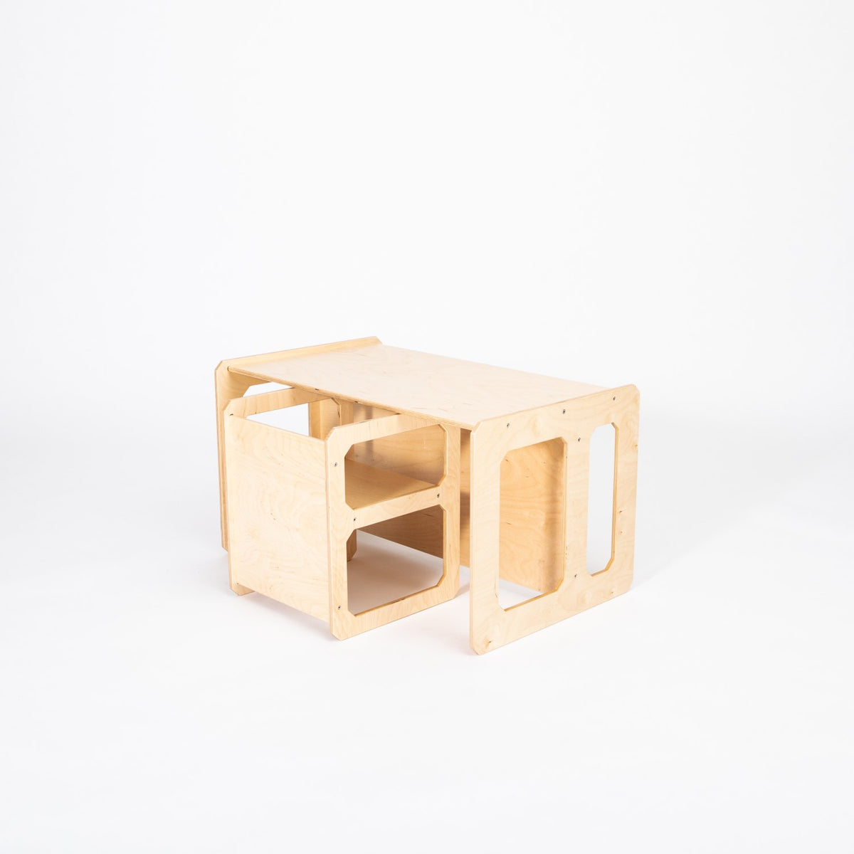 12. Natural wood Montessori weaning table and chair set shown from side on a white background