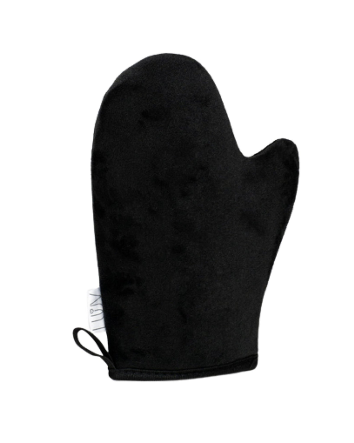 2. Studio image of LUUV Tanning Mitt in black polyester, featuring double-sided design and liquid-impermeable layer