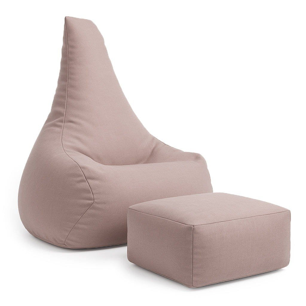 1. Rosy pink bean bag with matching footrest on white background, showcasing ergonomic design and soft fabric