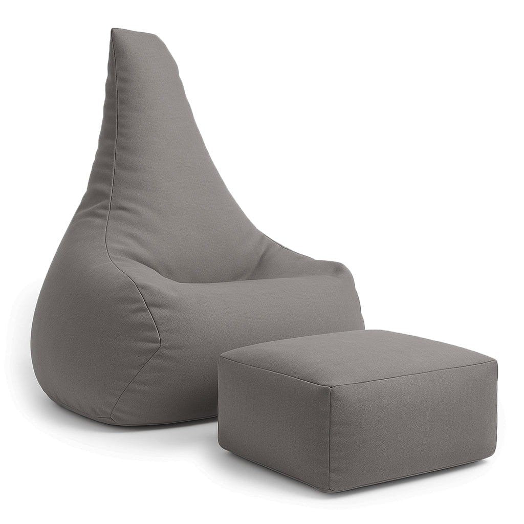 1. Taupe bean bag chair with matching footrest, featuring ergonomic design and water-repellent fabric, shown in a studio setting