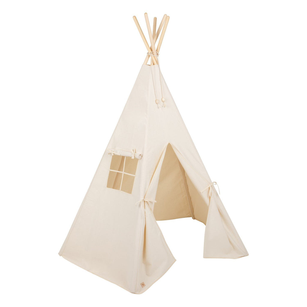 1. Beige teepee tent with window and open entrance, made from cotton and pine poles, in a studio setting