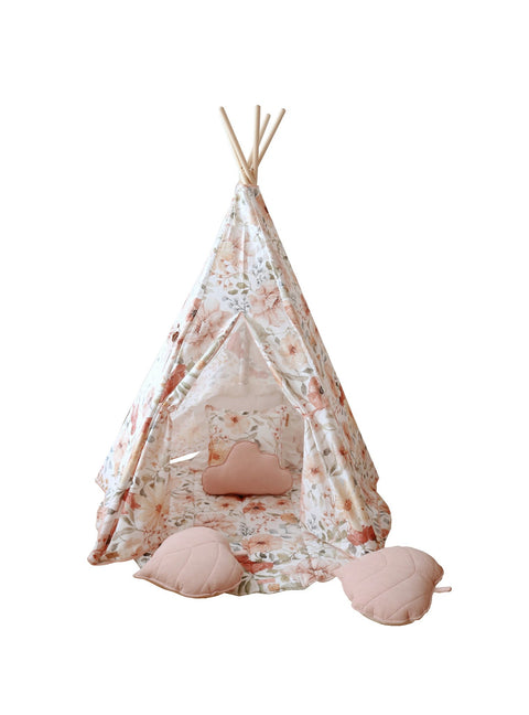 1. Floral patterned teepee tent with pink cushions on wooden floor in a cozy room setting