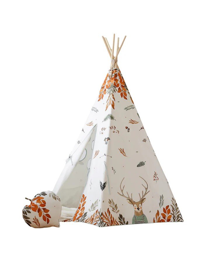 1. Children's teepee tent with woodland pattern featuring deer and leaves, set up indoors with wooden floor