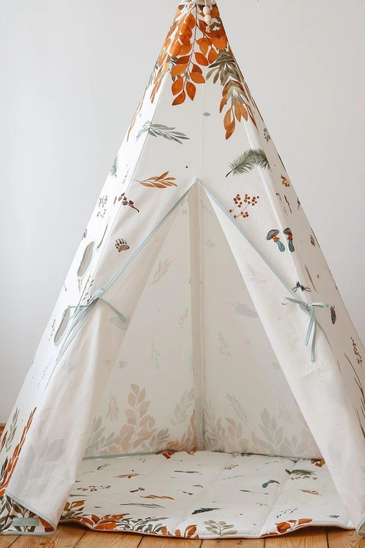 7. Front view of children's teepee tent with open entrance and forest pattern