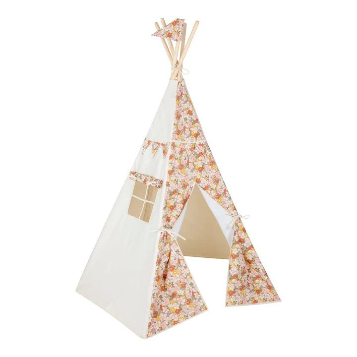 2. Studio shot of Moi Mili Green Garden teepee tent with floral print and window, featuring pine poles and cotton fabric