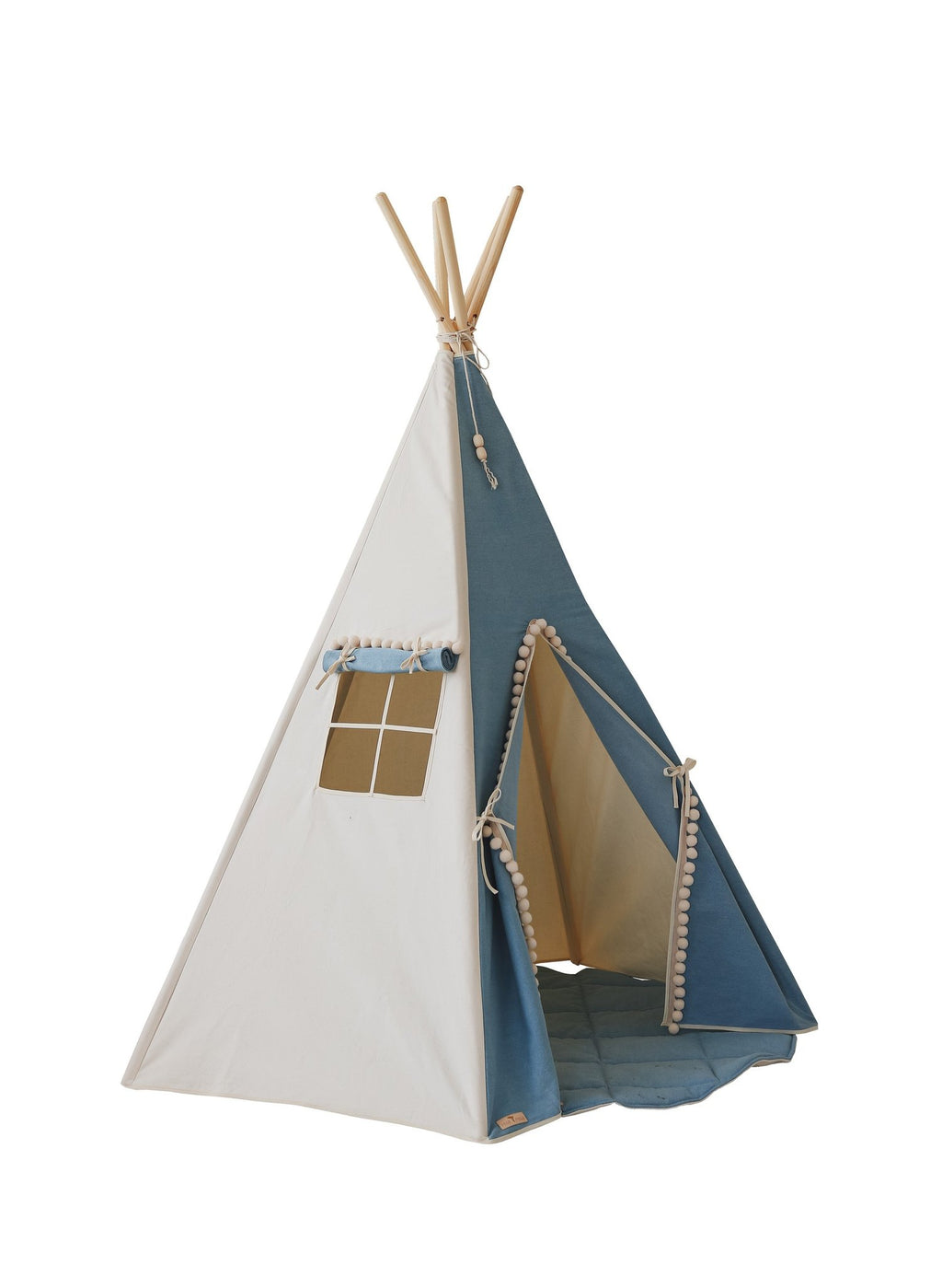 1. Children's teepee tent in blue and white with pompoms, featuring a window and open entrance, set on a white floor with beige background.