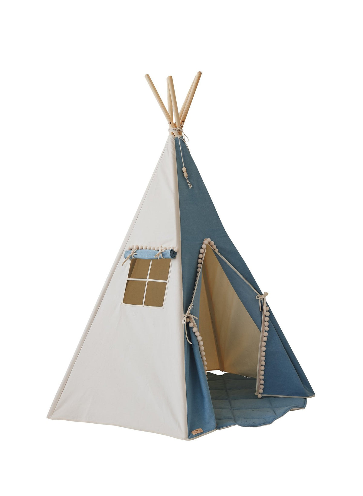 1. Children's teepee tent in blue and white with pompoms, featuring a window and open entrance, set on a white floor with beige background.