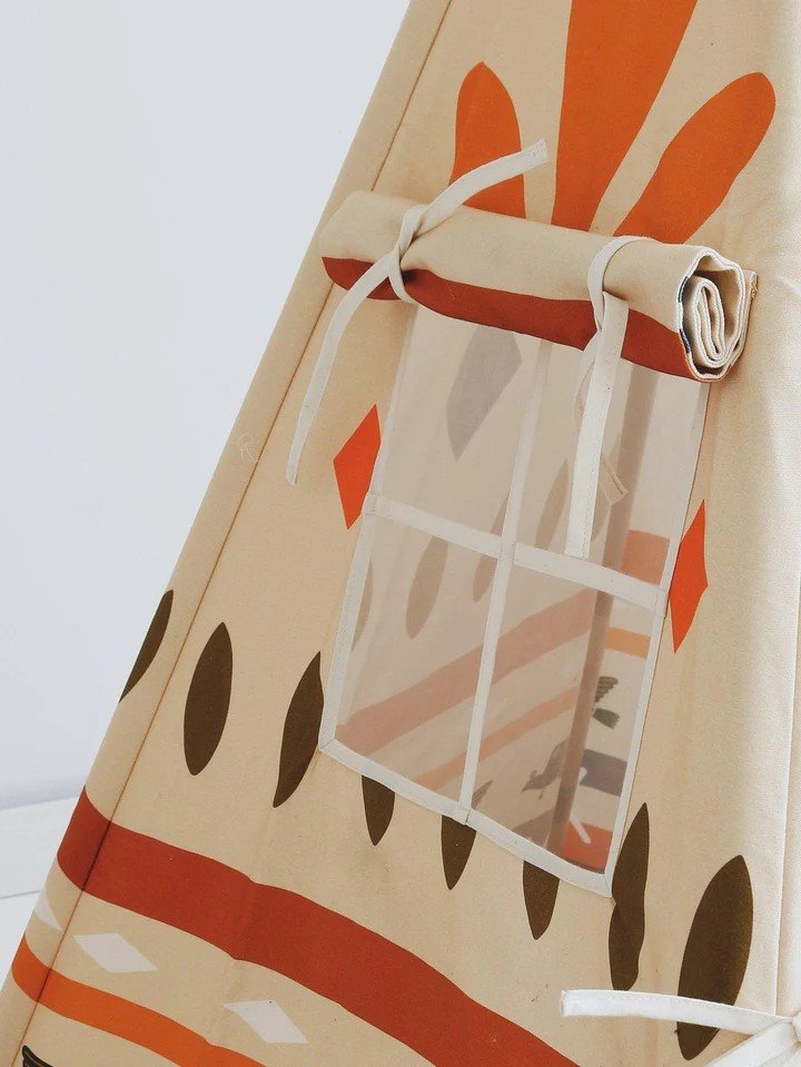 3. Detail of Moi Mili teepee tent window with geometric prints and roll-up design