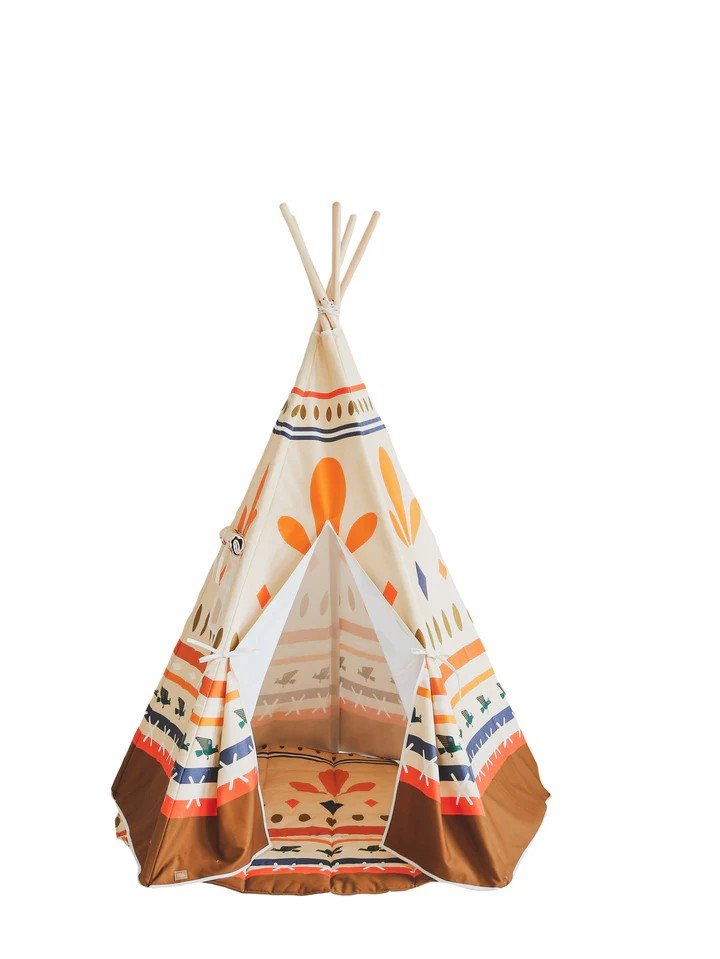 2. Children's teepee tent with Native Vibe print in orange, blue, and brown geometric patterns on beige