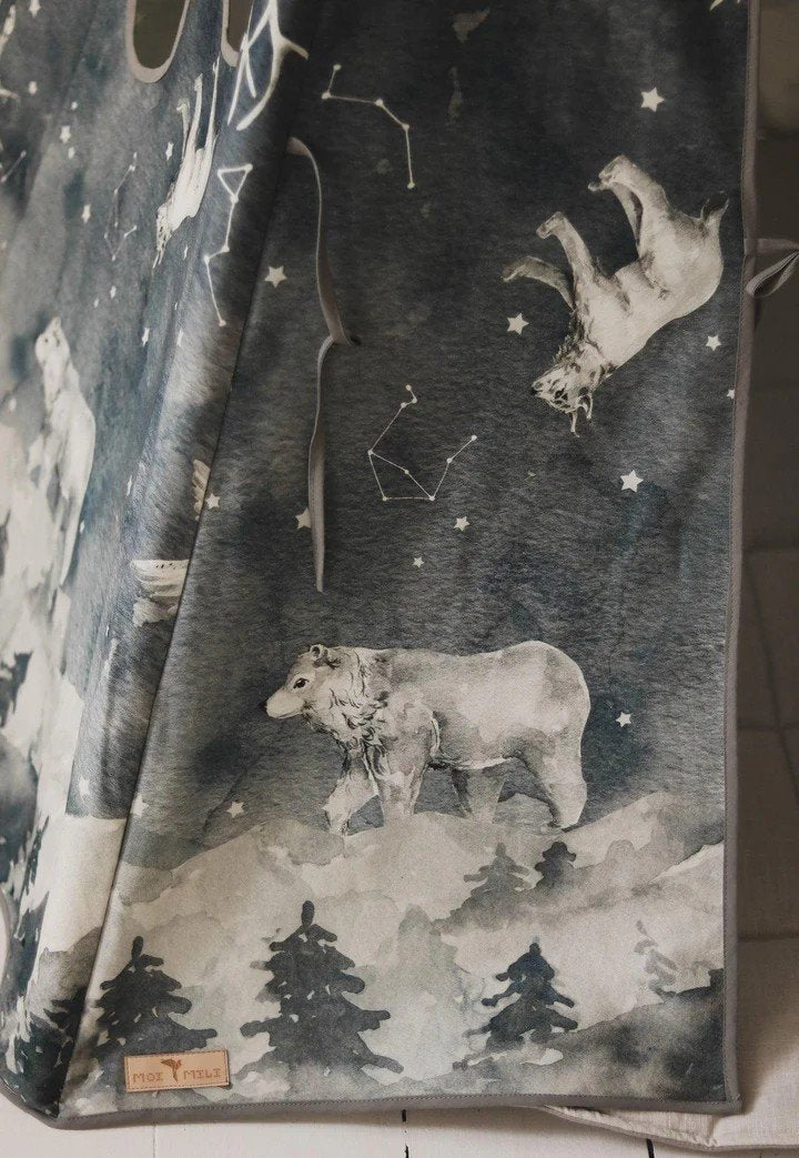 3. Close-up of starry animal pattern on dark blue cotton fabric of teepee tent, featuring bears and constellations