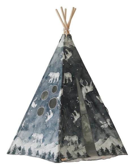 2. Studio shot of children's teepee tent with starry animal pattern, featuring pine wood poles and circular windows