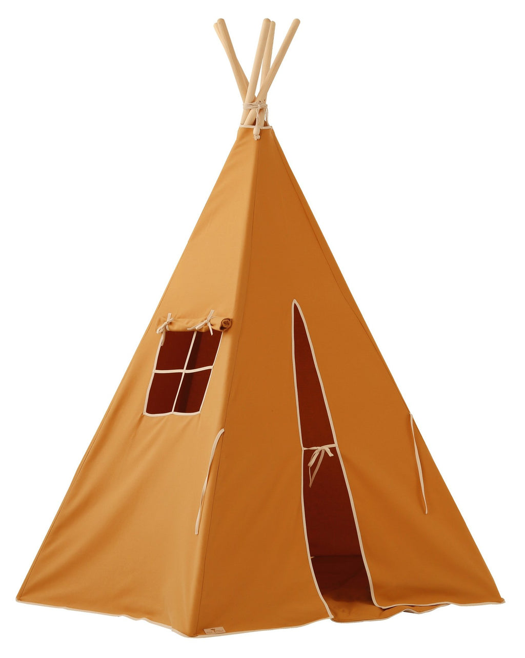 2. Studio shot of orange teepee tent with window and open entrance, highlighting design and structure