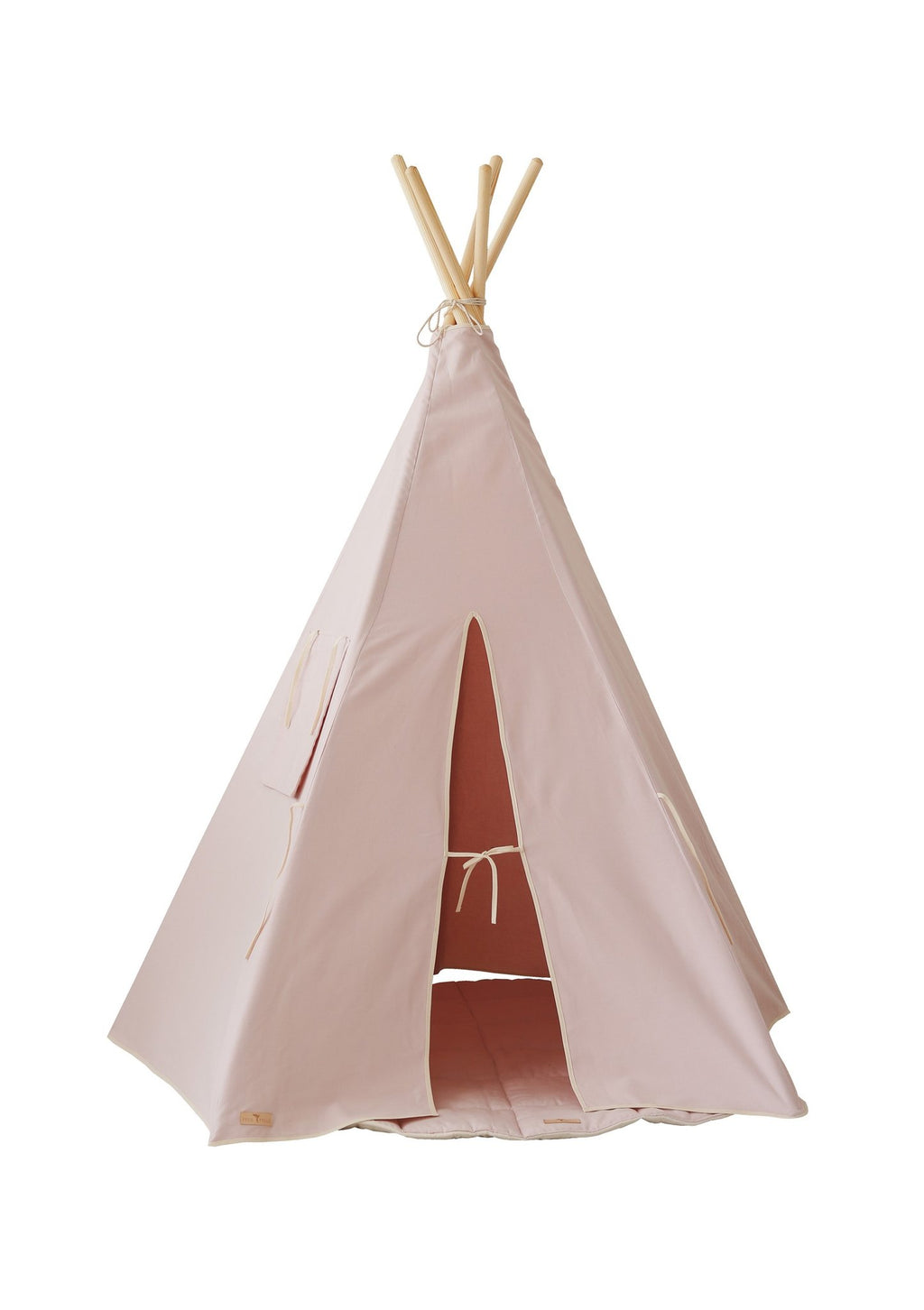 2. Studio shot of pastel pink teepee tent with open entrance and pine poles on white background