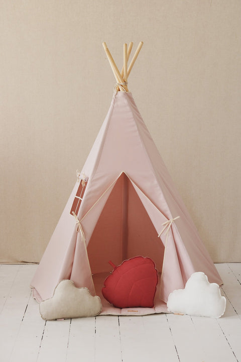 2. Pink teepee tent with open entrance, red and white cloud cushions inside, on light wooden floor