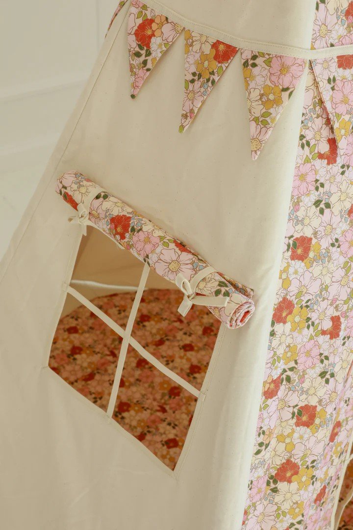 3. Close-up of floral window detail on children's teepee tent with bunting decoration
