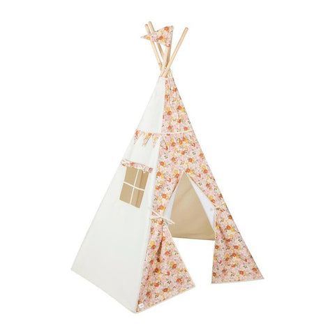 1. Children's teepee tent with floral print and window, made from cotton with pine poles, shown in a studio setting