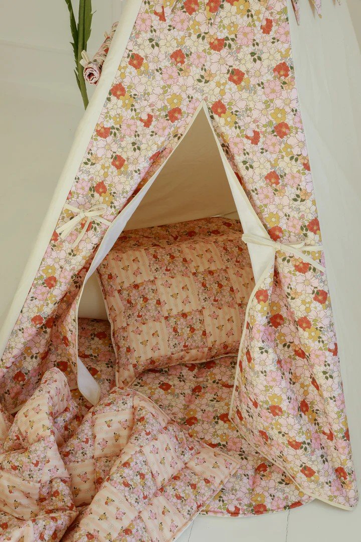 3. Interior view of floral teepee tent showing matching cushion and floor mat