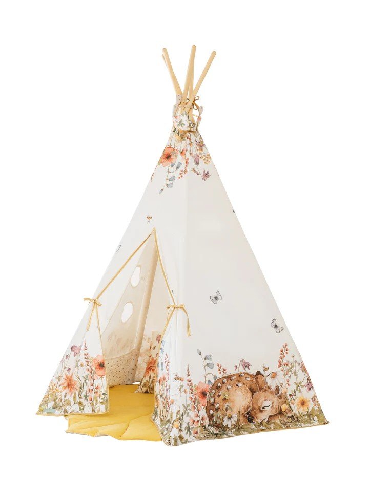1. Children's teepee tent with wildflower print, featuring deer and bees, set up indoors with yellow mat and pine wood poles