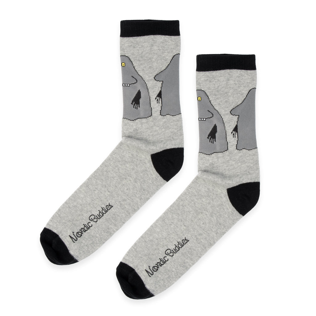 2. Pair of grey Moomin socks with The Groke design, angled view showing NordicBuddies branding
