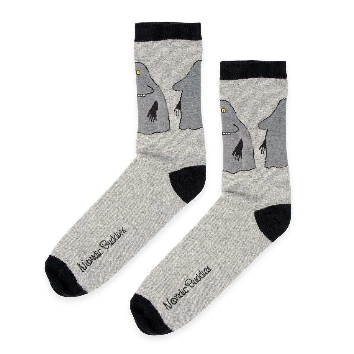 2. Pair of grey Moomin socks with The Groke design, angled view showing NordicBuddies branding